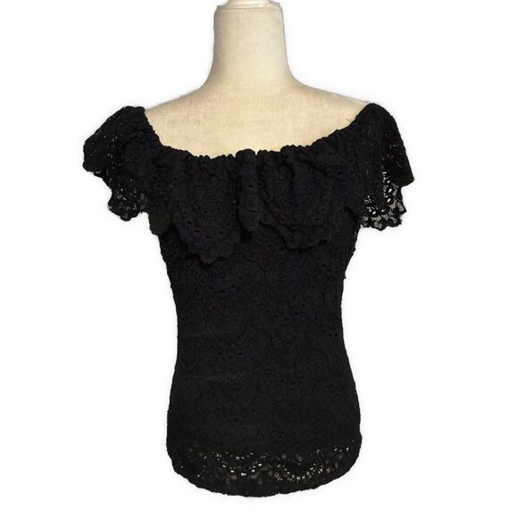 Nightcap Women’s Solid Black Lace Cold Shoulder Nylon Top 4 Small - Picture 1 of 4
